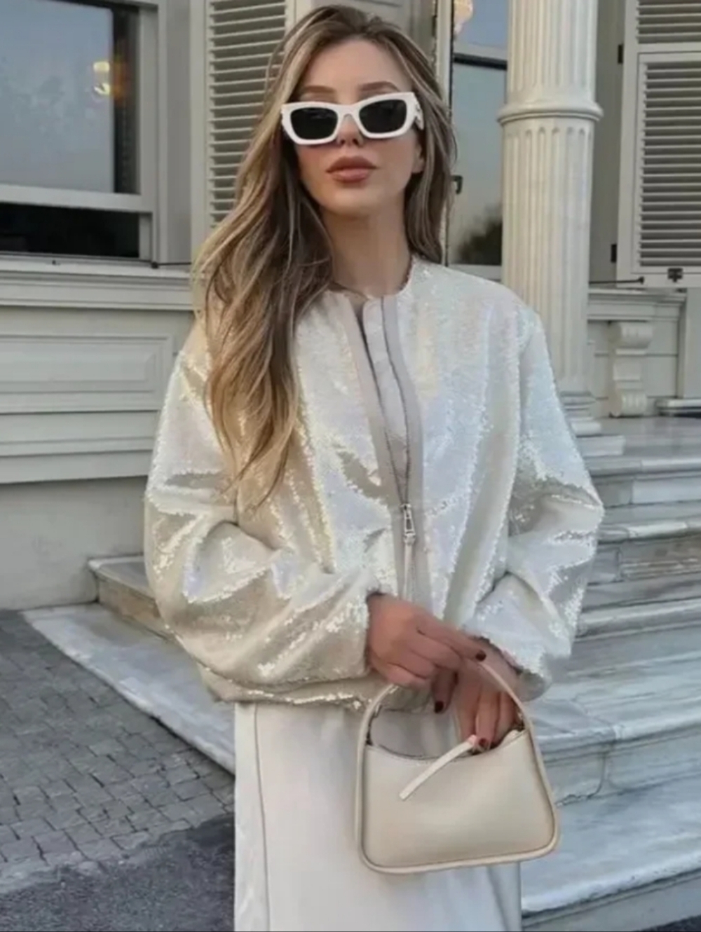 ZARA SEQUINED BOMBER JACKET BEIGE SIZE S